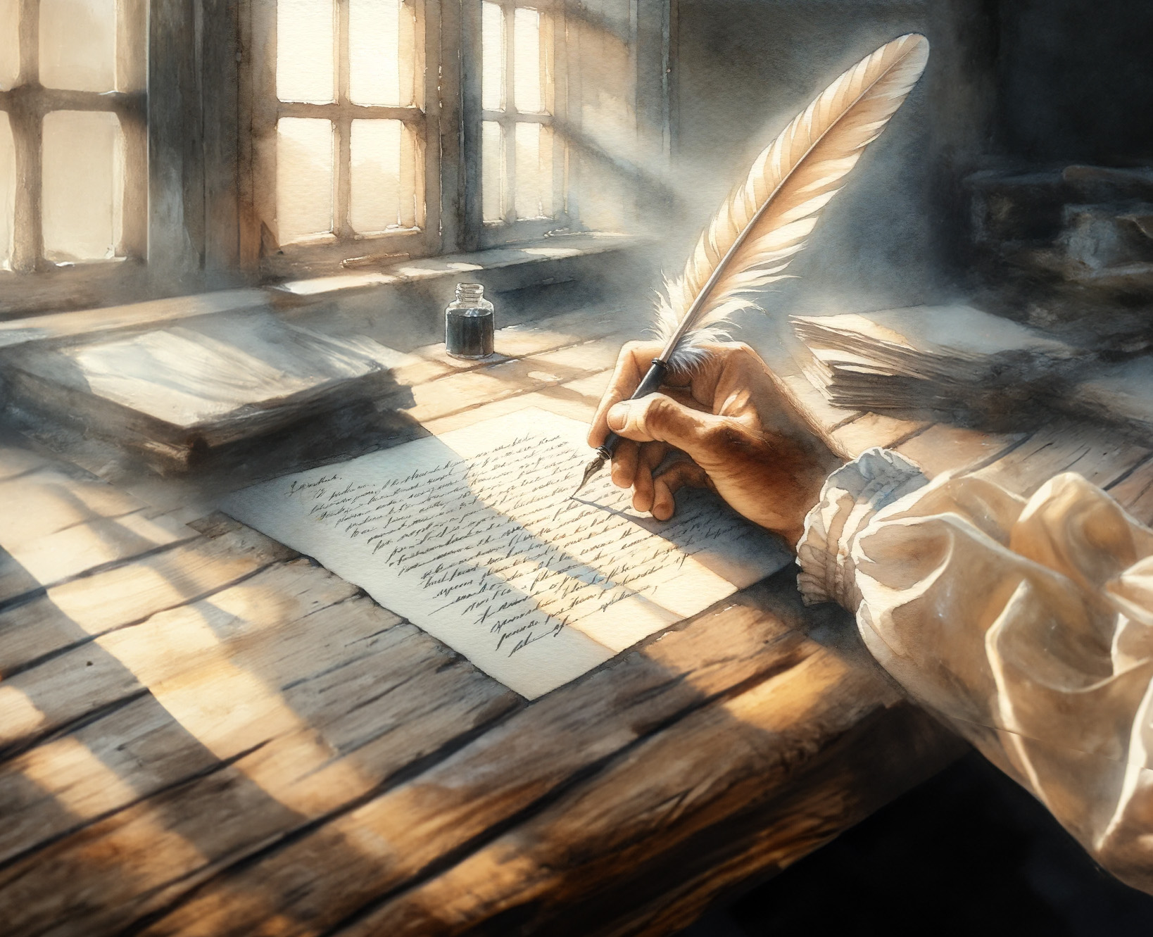 DALL·E 2024 02 28 18.50.04 An aquarelle painting in a light style showcasing a first person perspective of writing a letter. The focus is on the hand guiding the quill pen big