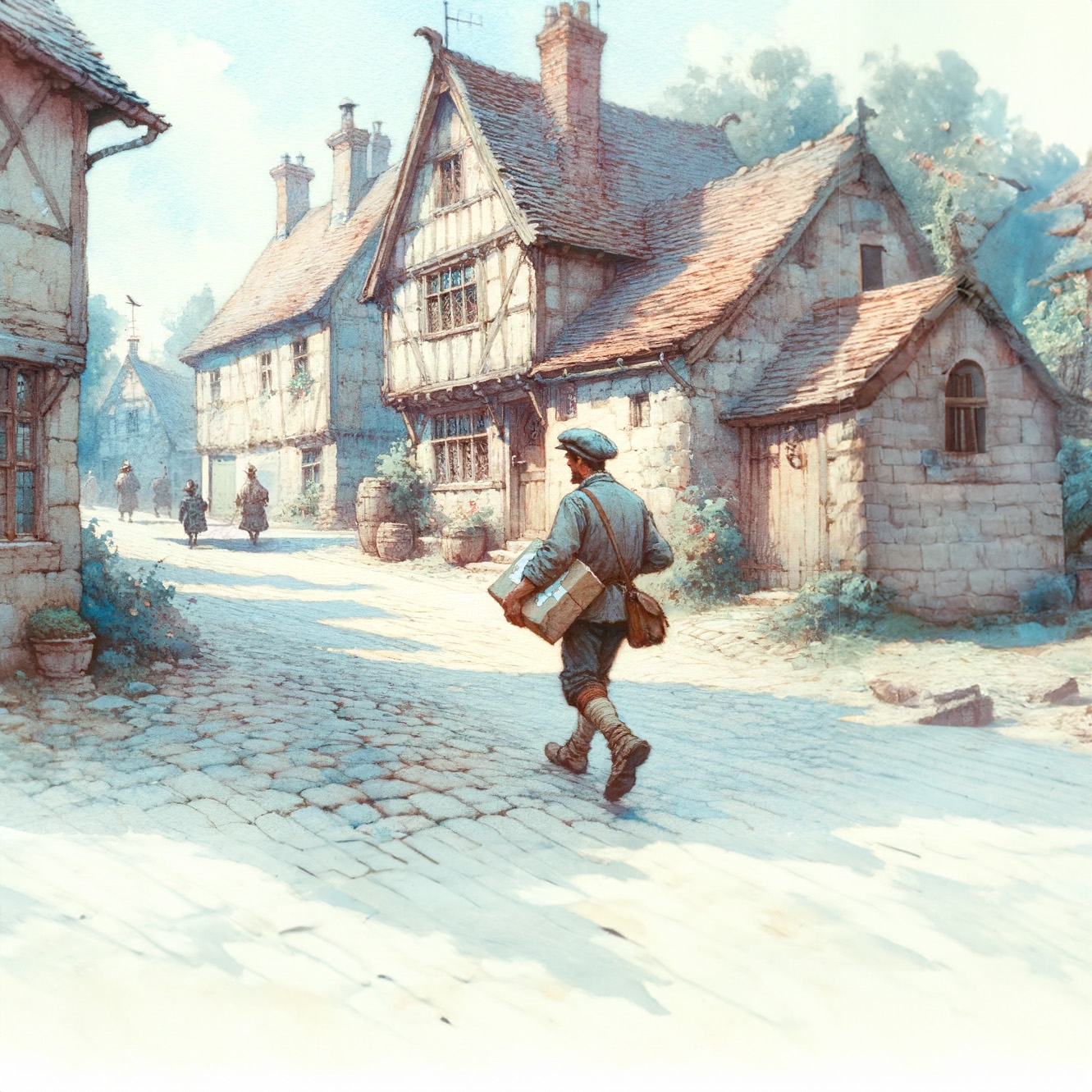 Gastos de envío y entrega 1 DALL·E 2024 02 28 19.07.17 A watercolor painting in pastel tones depicting a messenger delivering a package in a medieval village. The scene captures the courier walking down th