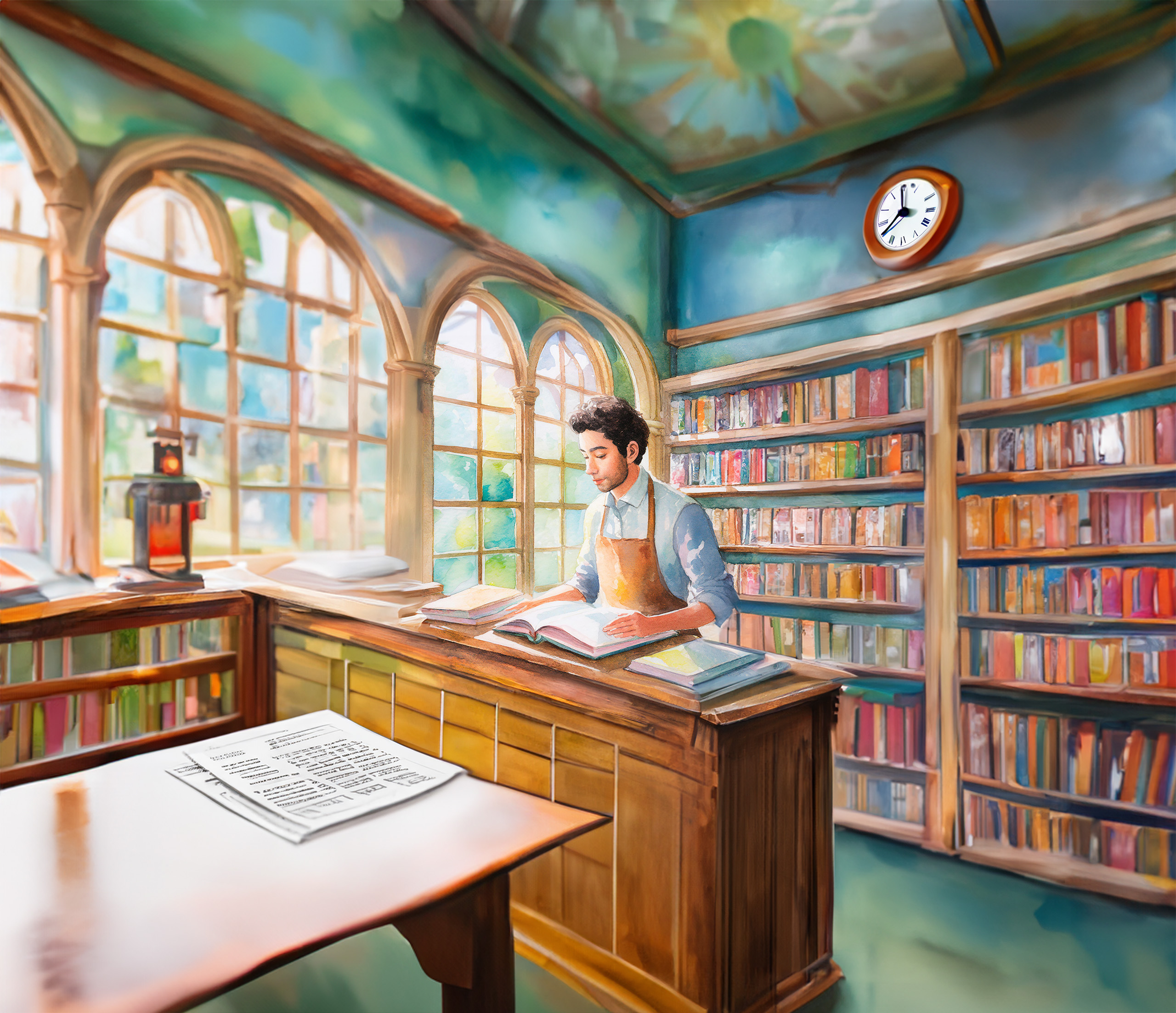 Firefly Erstelle ein Aquarell das einen traditionellen Buchhandler zeigt bigger